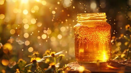 Golden honey in a jar that sparkles in the sunlight. As an antibacterial and anti-inflammatory agent, it is made from the nectar of flowers.