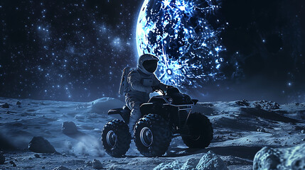 Astronaut ride quad adventure motorbike in moon