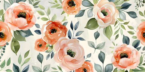 Delicate watercolor peonies and green leaves pattern for textiles and backgrounds in soft colors. Perfect for boho style and vintage decor. - obrazy, fototapety, plakaty