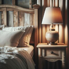 Close up of rustic bedside table lamp near bed with wood headboard. farmhouse, interior design of modern bedroom.