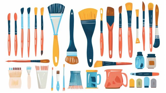Artistic clipart illustration showcasing various painting tools, suitable for art class and DIY project guides.