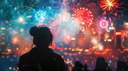 A shot of a city skyline lit up with vibrant colored lights and fireworks bursting in the background as a new year is welcomed.
