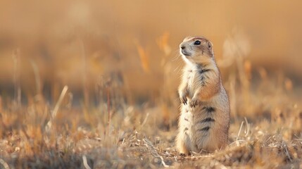 A small prairie dog stands on its hind legs in a field while curious little children explore their prairie home.
