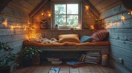 Cozy corner hidden in the attic Complete with a rustic wooden bench, fairy lights and a stack of magazines. - obrazy, fototapety, plakaty