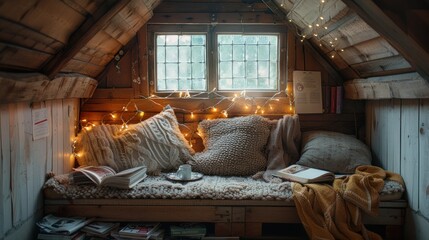 Cozy corner hidden in the attic Complete with a rustic wooden bench, fairy lights and a stack of magazines.