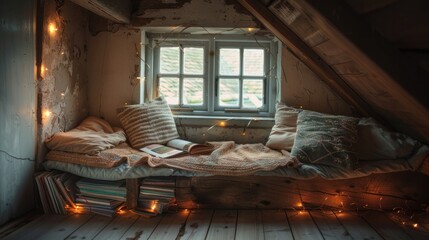 Cozy corner hidden in the attic Complete with a rustic wooden bench, fairy lights and a stack of magazines.