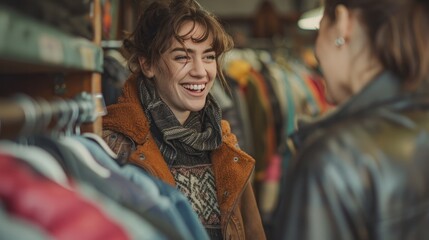 An attractive woman looks through the clothing racks of a souvenir shop while she tries on items.