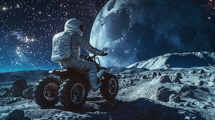 Astronaut ride quad adventure motorbike in moon