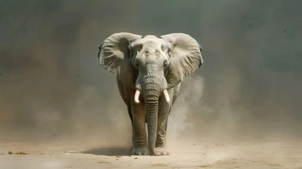 Foto op Plexiglas An Asian elephant stands in the center of a dusty enclosure, surrounded by dirt. The large mammal appears calm and observant, its trunk hanging loosely by its side. © sirisakboakaew