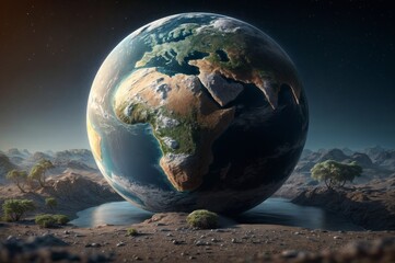 a world globe sits on a rocky plain with a few trees and a river.