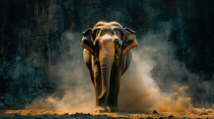 Fototapeta na wymiar An Asian elephant stands in the center of a dusty enclosure, surrounded by dirt. The large mammal appears calm and observant, its trunk hanging loosely by its side.