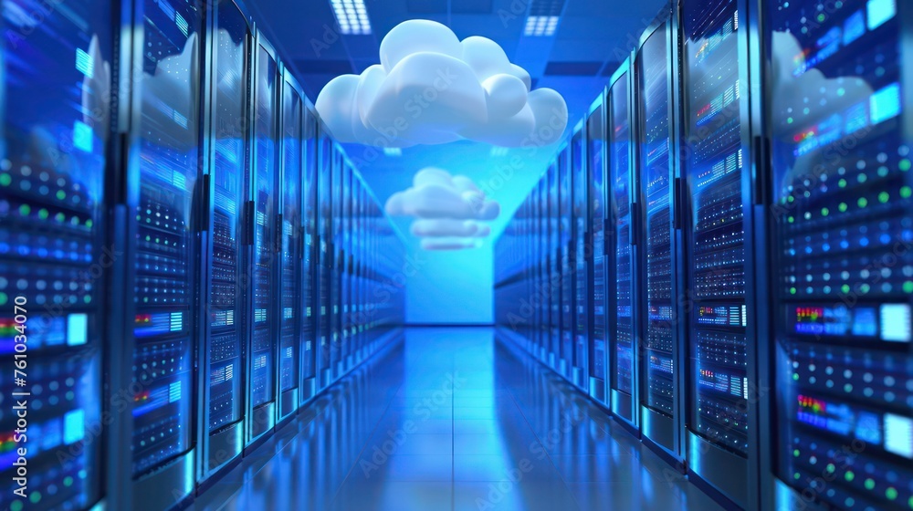 Poster a futuristic illustration of cloud computing with a symbolic cloud icon in a sleek data center repre