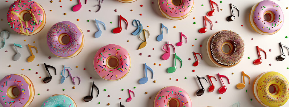 premium gourmet iced donuts with different toppings top on a studio pink background top view 3d musical notes