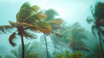 Obraz premium Coconut trees are blown by strong winds in a tropical storm under an overcast sky.