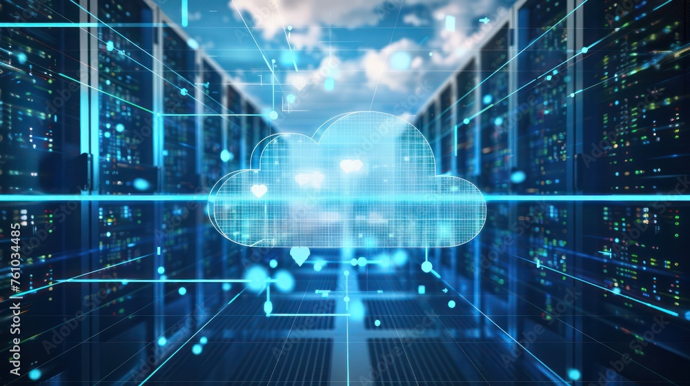 Poster digital representation of cloud computing with glowing connections within a modern data center envir