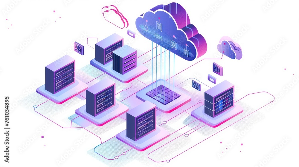 Poster a colorful depiction of cloud computing connectivity linking several servers and devices