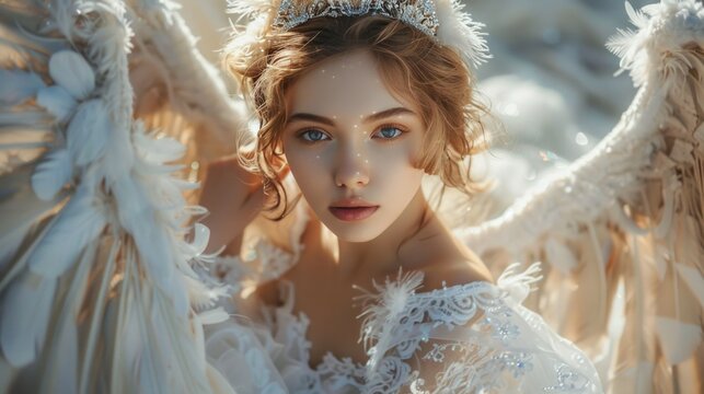 The woman is elegant in a white lace dress with tulle and feathers. Decorated with a crystal crown and angel wings. while exploring fairy tales