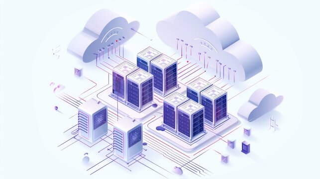 Isometric view of a cloud computing network with servers and connectivity streams in purple tones