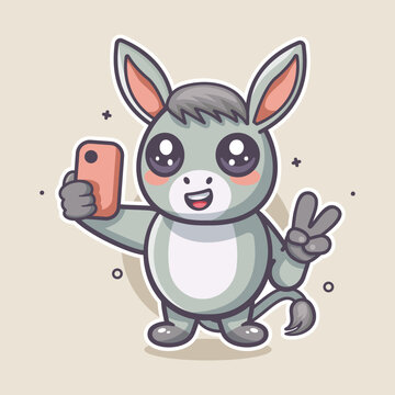 cute donkey animal character mascot taking a selfie with a smartphone isolated cartoon