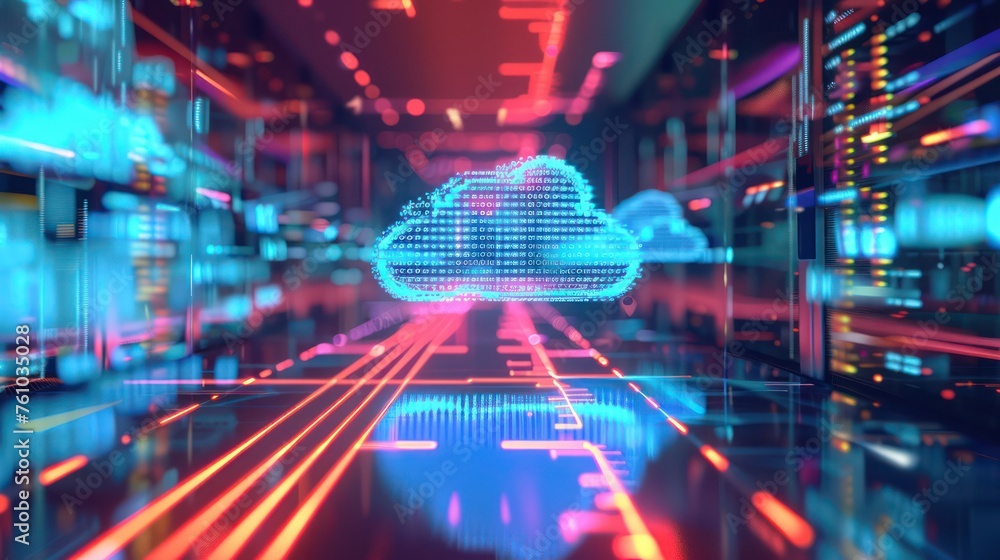 Poster neon cloud symbol composed of binary code within a highly futuristic data center corridor