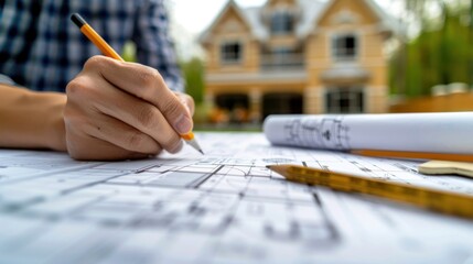 Architect marking blueprints for home renovation project..