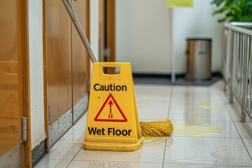 A yellow caution wet floor sign is on the floor..