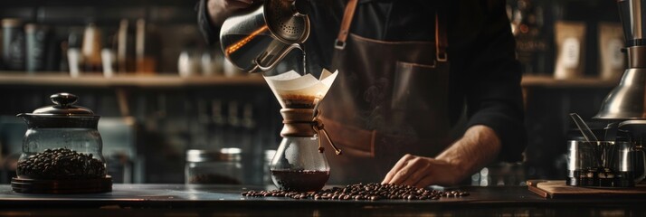 Professional barista making filtered drip coffee in coffee shop..