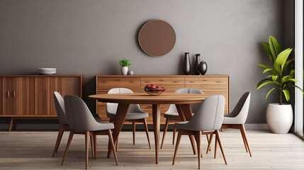 Minimalist dining room table interior with wooden sideboard