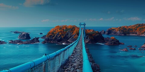 Surreal view of a long suspension bridge to rocky islands against a backdrop of turquoise ocean waters