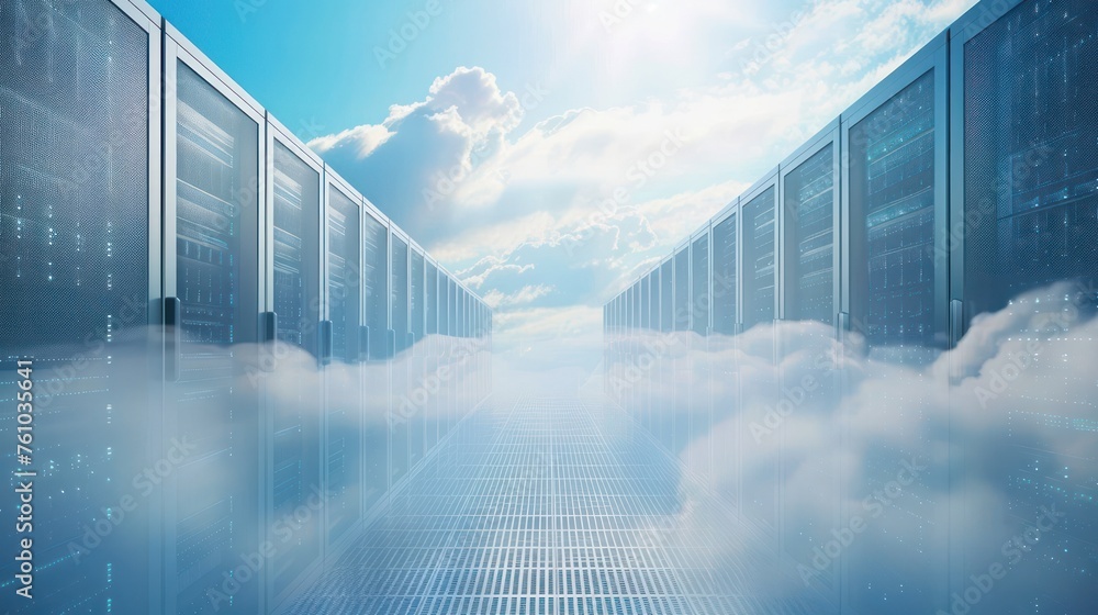 Poster a digitally manipulated image depicting server aisles with fog and clouds above, representing cloud 