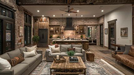 The mix of industrial and farmhouse elements in this home creates a comfortable yet elegant space. With brick walls accented with metal and warm wood tones - obrazy, fototapety, plakaty