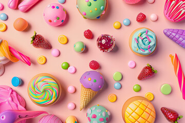 Fototapeta na wymiar Pop art-inspired imagery captured in the luscious spread of sugary delights 3D rendering illustration, minimalistic