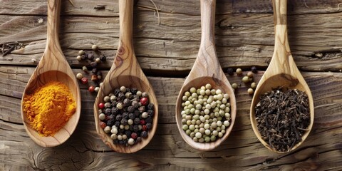 Spices in wooden spoons rustic setting culinary inspiration.. - obrazy, fototapety, plakaty