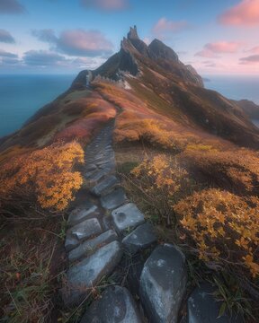 Majestic mountain trail leading towards a sharp peak with autumn colors and a dreamy sky