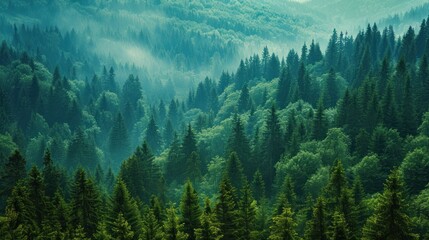 A dense forest filled with bright green pine trees. The forest looked lush and full of life. with a canopy of trees covering the sky - obrazy, fototapety, plakaty