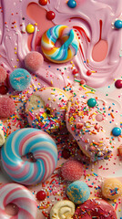 Pop art-inspired imagery captured in the luscious spread of sugary delights 3D rendering illustration, minimalistic