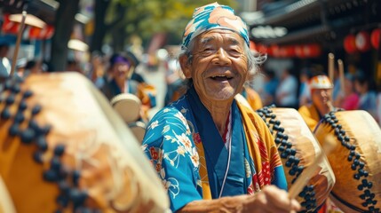 During Golden Week, traditional cultural performances such as taiko drumming and dancing are held throughout the city. - obrazy, fototapety, plakaty