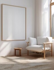 Frame Mockup in a Cozy White Living Room Interior. Presented in 3D Render. Made with Generative AI Technology