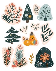 Abstract watercolor Stickers. leaves and nature watercolor brush strokes. Vector illustration. Warm colors and winter concept