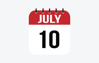 10 July Calendar. July Calendar Vector Illustration.