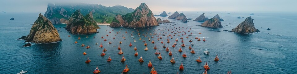 Majestic Panoramic Seascape with Limestone Karsts and Traditional Fishing Boats at Dawn in Ha Long Bay, Vietnam - obrazy, fototapety, plakaty