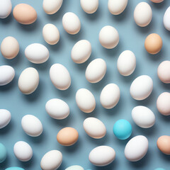 Many different colored eggs on pastel blue background. Flat lay, top view