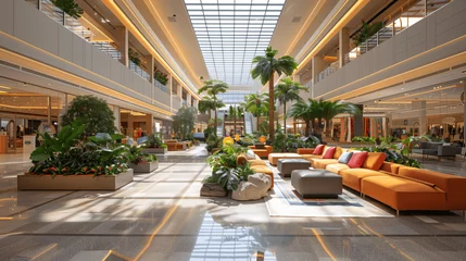 Foto op Canvas Modern Shopping Mall Interior with Tropical Plants and Seating Area © lin