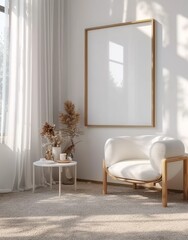 Frame Mockup in a Cozy White Living Room Interior. Presented in 3D Render. Made with Generative AI Technology