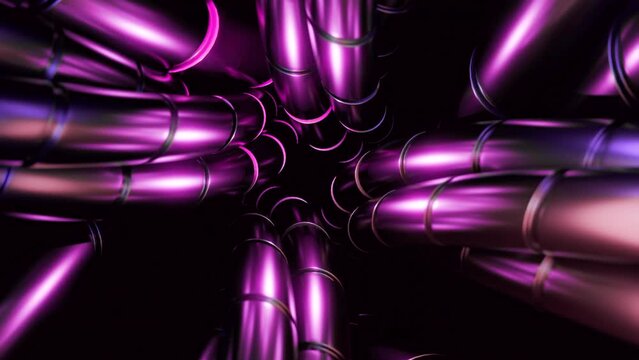 Abstract curved metal thick lines of ultraviolet color. Design. Pink and purple metal glow of wires.
