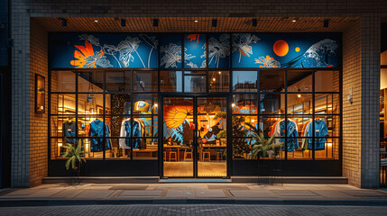 Fototapeta na wymiar Fashion Storefront at Night with Illuminated Display Windows