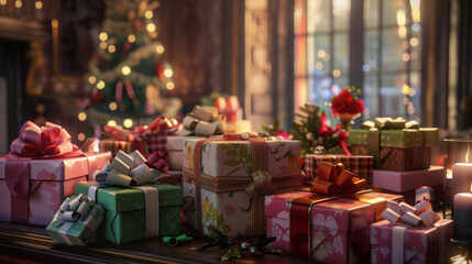 A table overflowing with beautifully wrapped presents eagerly waiting to be od on this special day. - obrazy, fototapety, plakaty