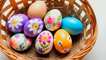 Fototapeta na wymiar floral flower Painted easter eggs closeup inside a basket with copy space on a white background created with generative ai