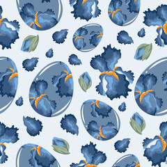 Easter seamless pattern with glass blue eggs with iris design and blue iris buds for poster, banner or holiday card