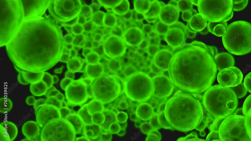 Poster abstract falling balls with rough surface in green color. design. endless flow of green round partic